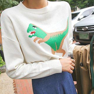 Drop-shoulder Dinosaur Print Sweater