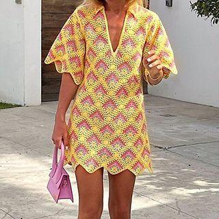 V-neck Crochet Knit Mini Dress