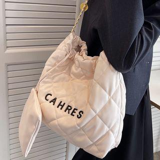 Lettering Quilted Faux Leather Shoulder Bag
