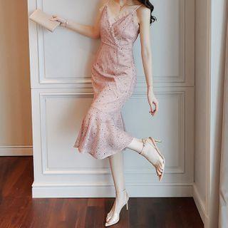 Dotted Spaghetti-strap Ruffle Hem Midi Sheath Dress