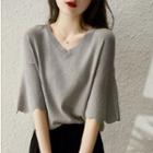 Bell-sleeve V-neck Knit Top Gray - One Size