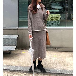 Set: Collared Knit Top + Midi Skirt