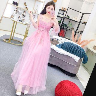 3/4-sleeve Floral Detail A-line Maxi Dress