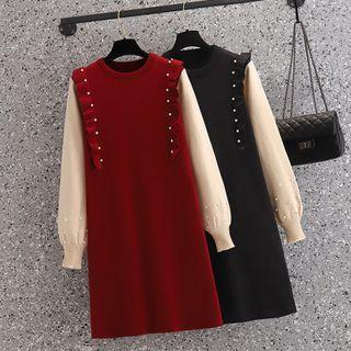 Long-sleeve Two-tone Frill Trim Beaded Knit Dress