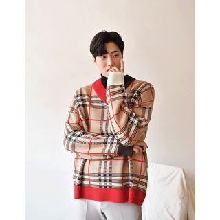 V-neck Contrast-trim Plaid Sweater