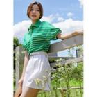 Puff Dolman-sleeve Stripe Polo Shirt