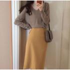 Plain V-neck Long-sleeve Knit Top / Midi Straight-fit Skirt