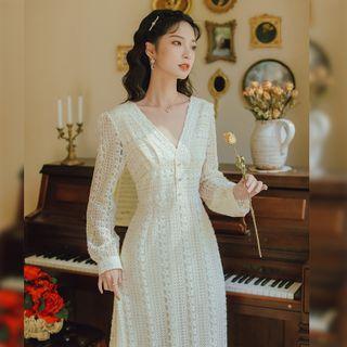 Long-sleeve V-neck Crochet Midi A-line Dress