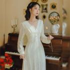 Long-sleeve V-neck Crochet Midi A-line Dress
