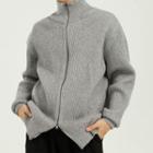Long-sleeve High-neck Plain Zip Knit Jacket