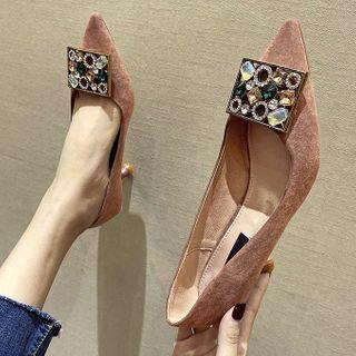 Pointed Rhinestone Embellished Flared Heel Pumps