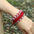 Set Of 3: Woven / Faux Crystal Bracelet (assorted Designs) Red - One Size