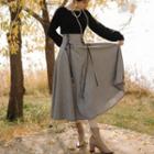 Set: Puff-sleeve Blouse + Lace-up Midi A-line Skirt