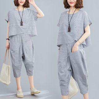 Set: Striped Short-sleeve Blouse + Capri Harem Pants