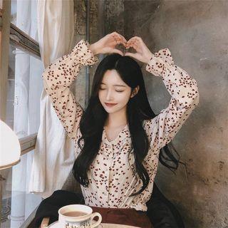 Bell-sleeve Heart Pattern Blouse White - One Size