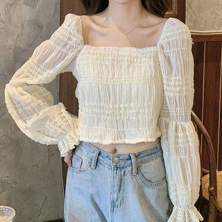 Square-neck Ruched Puff Long-sleeve Top