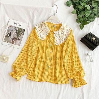 Bell-sleeve Lace Collar Dotted Blouse