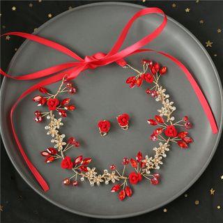 Wedding Set: Rhinestone Rose Headpiece + Earring 1 Pc - Headpiece / 1 Pair Earrings - Red & White - One Size
