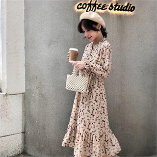 Floral Long Chiffon Dress Apricot - One Size