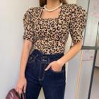 Square-neck Puff-sleeve Leopard Top