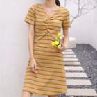 Striped Short-sleeve V-neck Mini A-line Dress