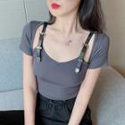 Short-sleeve Buckled Plain Cropped Top