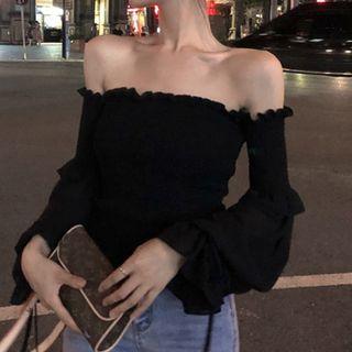 Bell-sleeve Off-shoulder Frill Trim Top Black - One Size