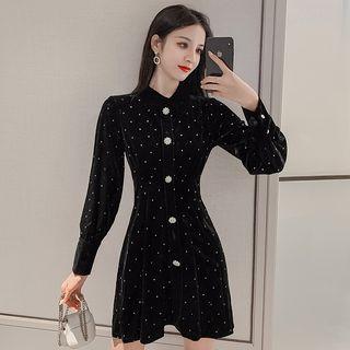Dotted Long-sleeve A-line Mini Velvet Dress