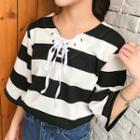 Lace Up Stripe Elbow-sleeve T-shirt