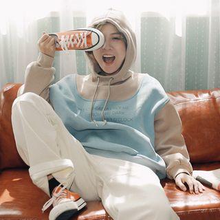 Color Panel Fleece-lined Long Sleeve Hoodie