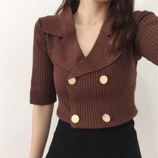 Elbow-sleeve Double-breasted Lapel Knit Top
