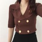 Elbow-sleeve Double-breasted Lapel Knit Top