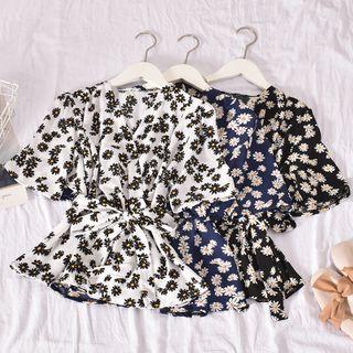 Short-sleeve Floral Print Wrap Blouse