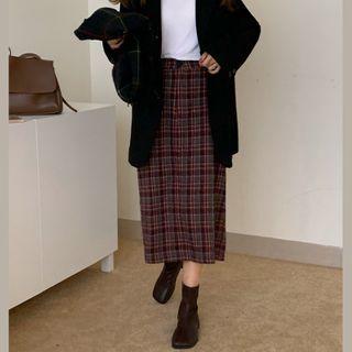 High-waist Plaid Shift Skirt Red - One Size