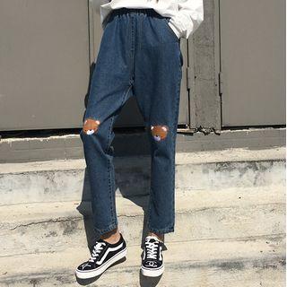 Cartoon Embroidered Straight-cut Cropped Jeans