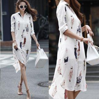 Elbow-sleeve Printed Pleated Long Blouse