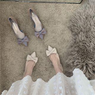Block Heel Pointed Bow Dorsay Pumps