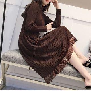 Long-sleeve Lace Trim Mock-neck Knit Midi Dress