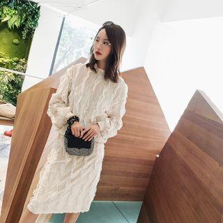 Set: Lace Trim Long-sleeve Top + Midi Skirt