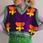 Floral Print Knit Vest Purple - One Size