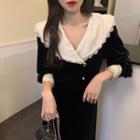 Long-sleeve Wide Collar Lace Trim Midi Velvet Dress Black - One Size