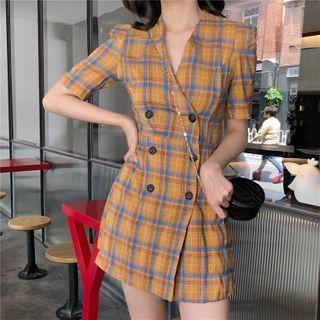 Plaid Short-sleeve Double-breasted Mini A-line Dress