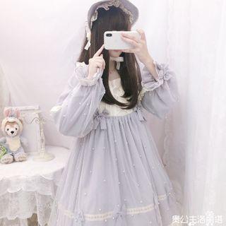 Bow Accent Long-sleeve Midi A-line Dress / Lace Trim Bonnet Hat