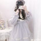 Bow Accent Long-sleeve Midi A-line Dress / Lace Trim Bonnet Hat