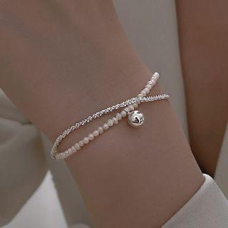 Layered Rhinestone Faux Pearl Bracelet Silver & White - One Size