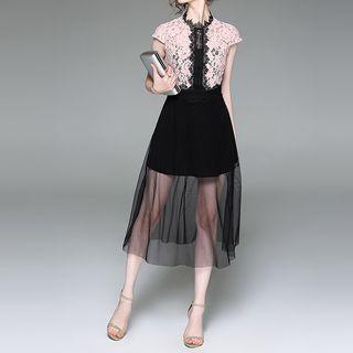 Lace Panel Short Sleeve Midi Mesh Dress