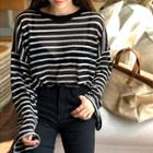 Wide-sleeve See-through Stripe Knit Top