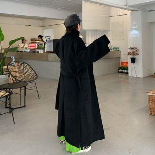 Notch-lapel Wool Blend Long Coat With Sash