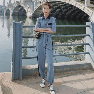 Elbow-sleeve Collar Henley Jumpsuit