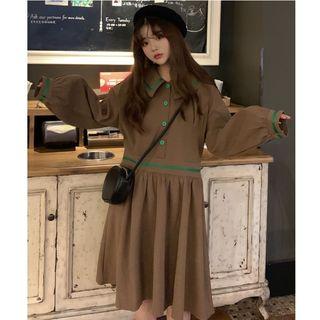 Long-sleeve Contrast-trim Midi Collared Dress
